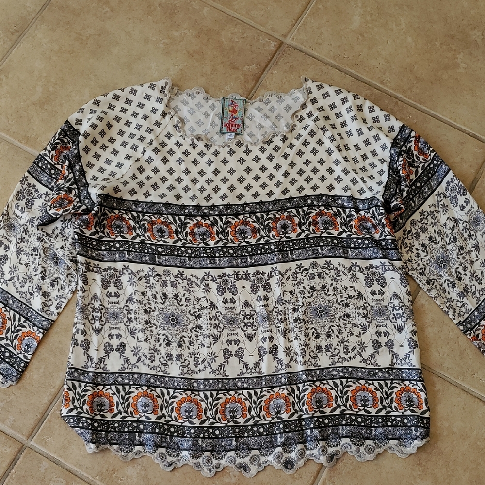 Johnny Was White, Black & Orange Floral Boho Tunic